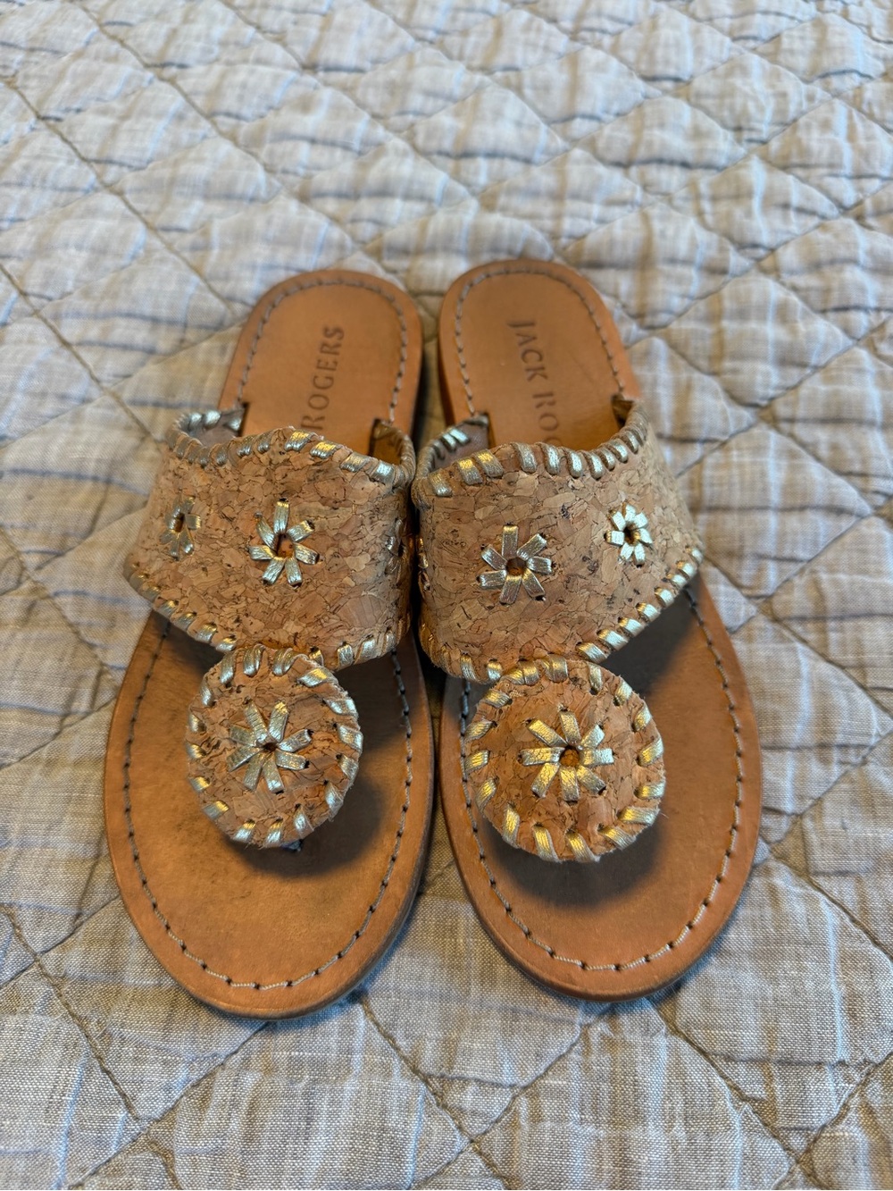 Jack Rogers Tan Cork Slide Sandals with Metallic Accents